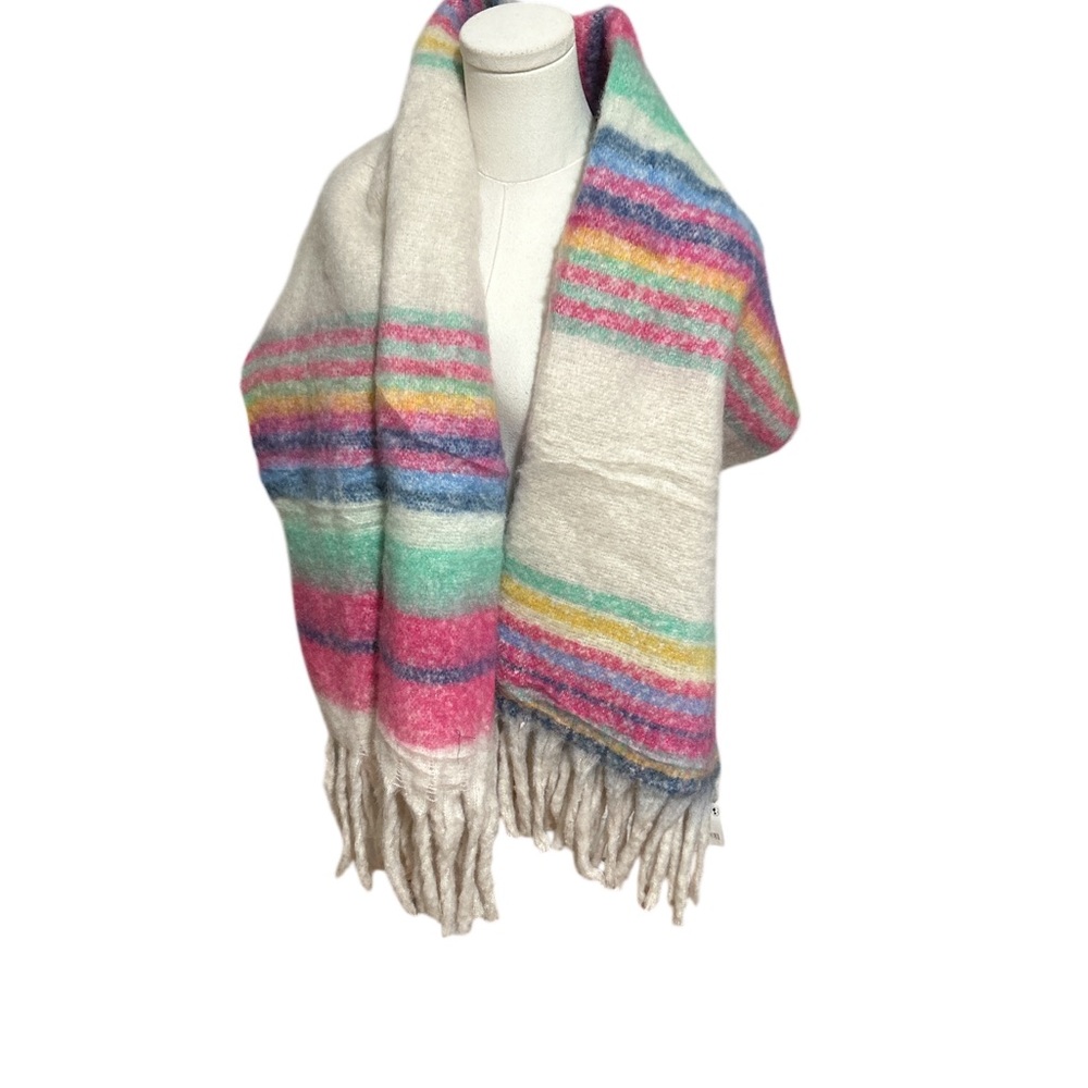 New Free People Pastel Rainbow Stripe Fringe Throw Blanket Soft Cozy - Picture 4 of 4